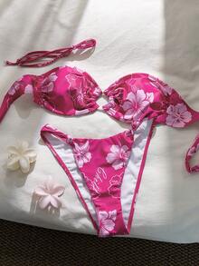 Swim Mod Fuchsia Tropical Floral Print Halter Neck Beach Vacation Bikini, Sexy 2 Pieces Swimwear - Hot Pink - View 5