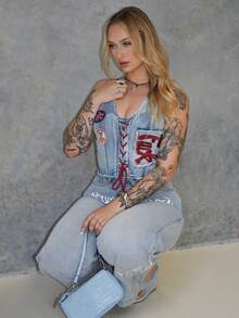 Arliah 女士 Y2K 复古运动芭蕾风图案刺绣抽绳低腰性感露脐牛仔上衣 - 淺藍色 - 查看 4