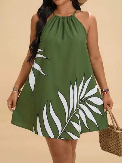 Travachic Plus Size Women Vacation Casual Retro Print V-Neck Spaghetti Strap Dress Women Vacation Dress Green Summer Dress Halter Neck Dress Tropical Print Dress Palm Print Dress