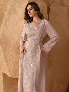 Al Najma Đầm kiểu Ả Rập cổ tròn thanh lịch đính sequin và thêu dành cho phụ nữ - Hồng - Xem 7