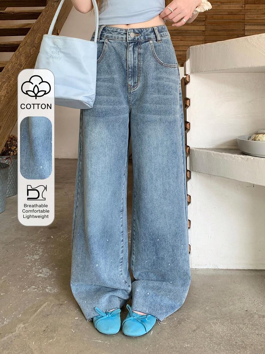 FRIFUL Women's Loose Fit Pocketed Wide Leg Casual Jeans - Blue - View 1