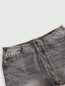 ROMWE Vintage Washed Gray Denim Front Zipper Closure Women Denim Mini Skirt - Light Grey - View 3