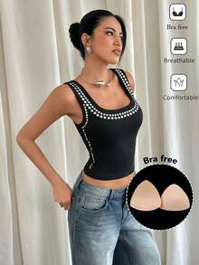 Siren Gaze Áo lót hai dây đính đinh tán, áo tank top nữ kiểu vintage - màu đen - Xem 6
