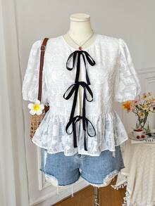SHEIN EZwear 大码休闲度假衬衫，3D镂空蝴蝶结领，A字廓形，春夏款 - 白色 - 查看 7