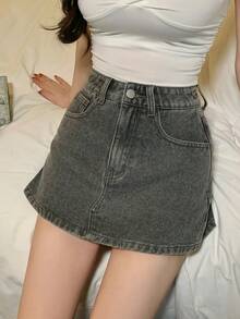 DAZY 女士休闲水洗牛仔迷你裙，夏季牛仔短裤 - 灰色 - 查看 3