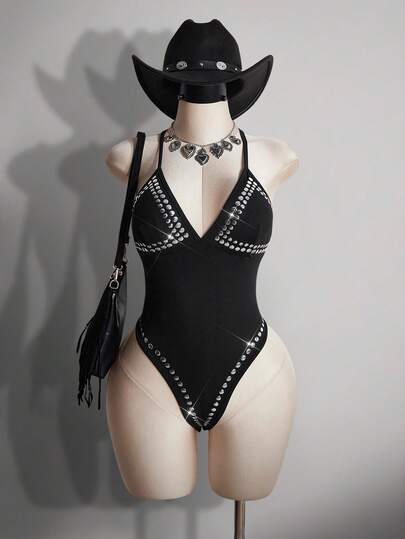 SHEIN ICON Plus Size V-Neck Spaghetti Strap Rhinestone Backless Bodysuit For Women