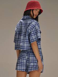 Athîral Women's Casual Denim Plaid Cropped Top And Shorts 2 Pieces Set - Medium Wash - View 2