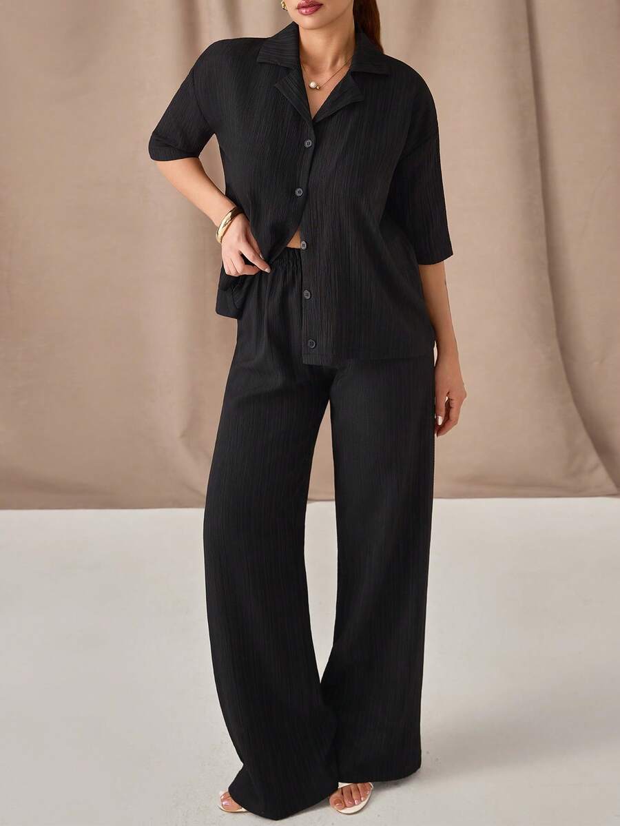 SHEIN Solid Drop Shoulder Button Front Shirt & Wide Leg Pants Set – Effortless Chic Co-Ords - Black - View 1