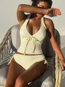 Swim Mod Women's Summer Beach Striped Halter Tie Tankini Swimsuit Set - Yellow - View 3