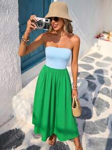 Vivid Eden 女士休闲优雅浪漫日常度假撞色连衣裙，无肩带连衣裙，女士蓝色连衣裙和绿色连衣裙，春夏款 - 綠色 - 查看 5