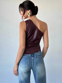 Firerie 女士优雅夏季金属搭扣装饰不对称领口侧褶皮革OL无袖衬衫，女士秋季单肩上衣，夏季上衣，适合度假、夜店、婚礼宾客等场合 - 中紫紅色 - 查看 5