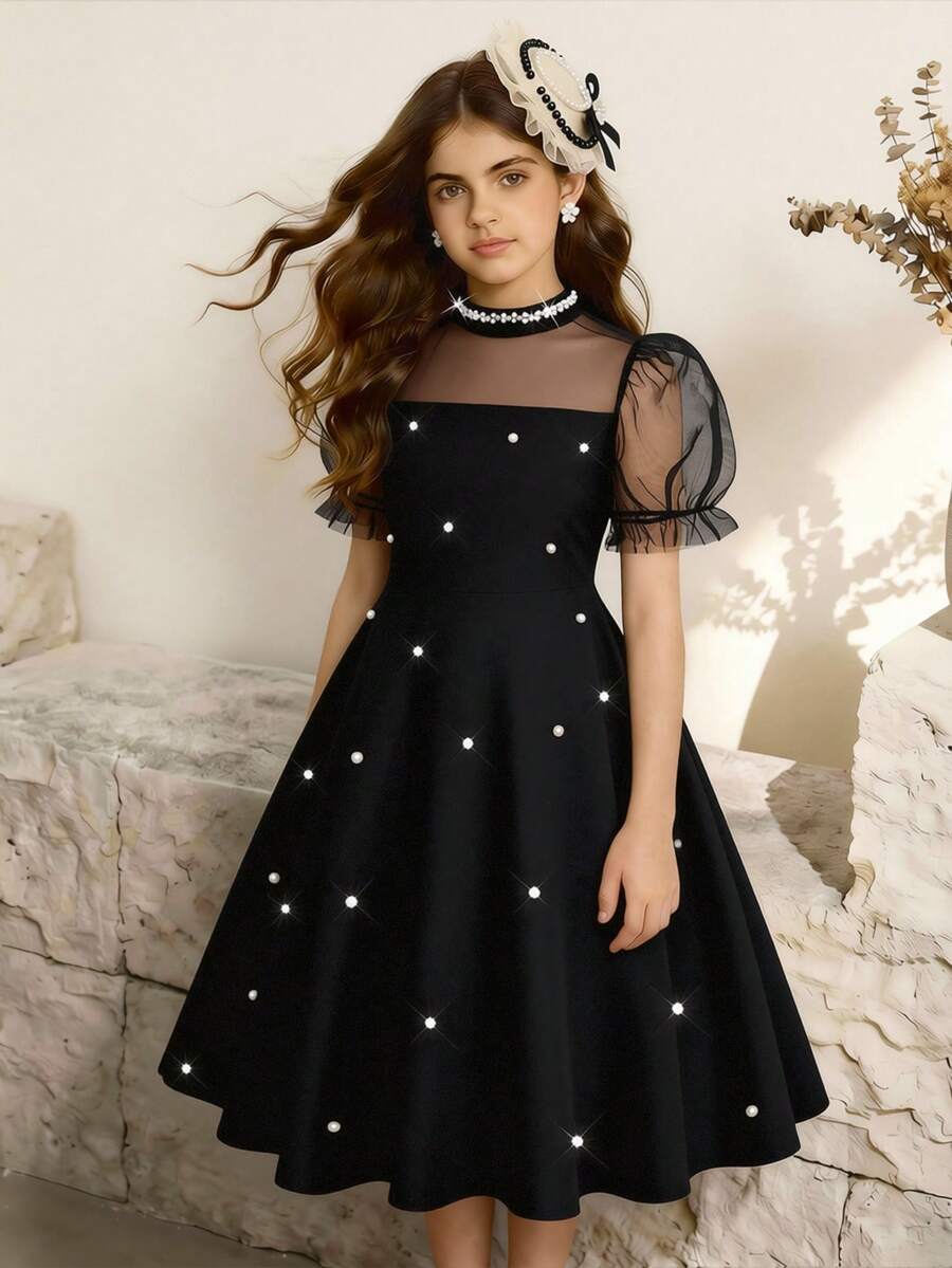 Elegant Luxury Black Mesh Beaded Dress, Suitable For Evening Gala, Wedding, Flower Girl, Prom And Other Occasions - Black - View 1