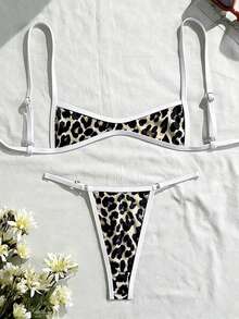 Swim Vcay 两件套豹纹吊带露背比基尼上衣和丁字裤套装，性感夏季 - 彩色 - 查看 3