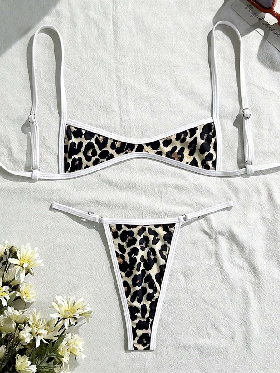 Swim Vcay 2pcs Leopard Print Spaghetti Strap Backless Top And Thong Bikini Set, Sexy Summer - Multicolor - View 1