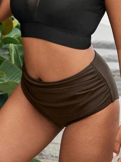 Swim Vcay Plus Size Women Summer Beach Solid Color Ruched Bikini Bottom