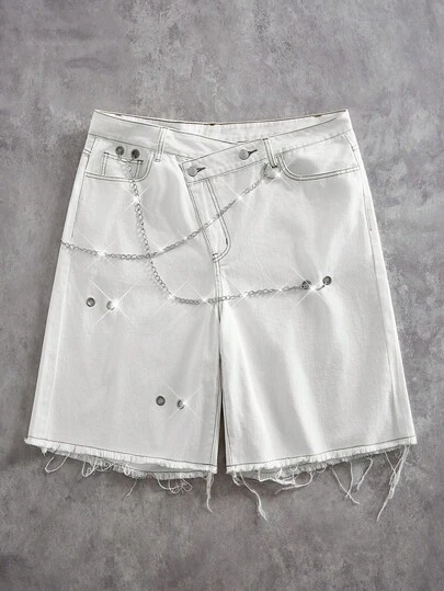 ROMWE MEN Street Life 男士夏季休闲链条装饰毛边牛仔短裤