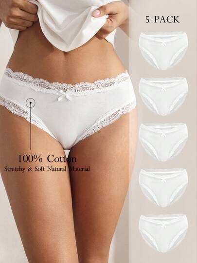 Ocili 5 יחידות/חבילה תחתוני נשים בצבע אחיד רכים 100% כותנה עם גימור תחרה מותן נמוך, פנאי סתיו-פנאי בסיסי