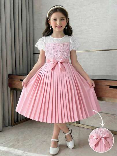 SHEIN Tween Girl Colorblock Lace Patchwork Pleated Elegant Short Sleeve Dress