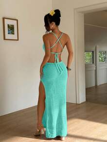 SHEIN Unity Vacation Style Casual Hollow-Out Sweater Dress - Green - View 3