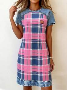 EMERY ROSE Đầm ngắn tay ngắn cổ tròn dáng suông họa tiết denim kẻ caro phong cách mùa hè dành cho nữ, thích hợp cho lễ hội, công sở, mặc hàng ngày hoặc hẹn hò lãng mạn. - Hồng - Xem 4