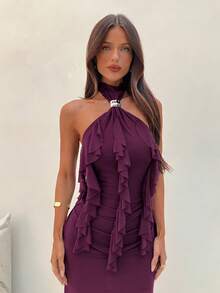 Aloruh 女士春夏新款纯色紫红色、栗红色、茄紫色无袖露背荷叶边下摆优雅派对连衣裙，性感又不失优雅 - 紫紅色 - 查看 5