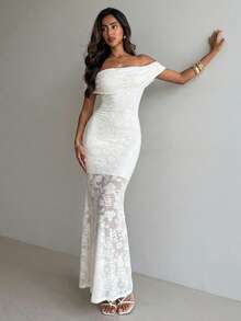 Aloruh Women's Elegant Off-Shoulder Mermaid Dress, Bohemian Style Cutout Embroidered Extra Long Solid Color Apricot Dress Off Shoulder White Dress White Mermaid Dress White Dress Sexy Long White Dress - Beige - View 4