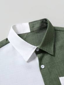EGENSIO Conjunto de camisa blanca y verde con parches para hombre, camisa de manga corta con cuello + pantalones con cordón y bolsillo en la cintura, conjunto casual minimalista - Blanco - Ver 3