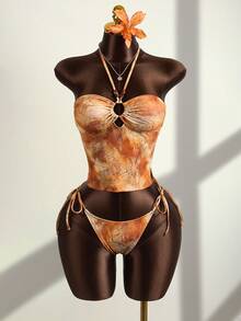 Zestiva 女士三件套泳装，扎染印花，串珠挂脖式领口，收腰设计，搭配多层吊带裙，夏季款 - 橘色 - 查看 5