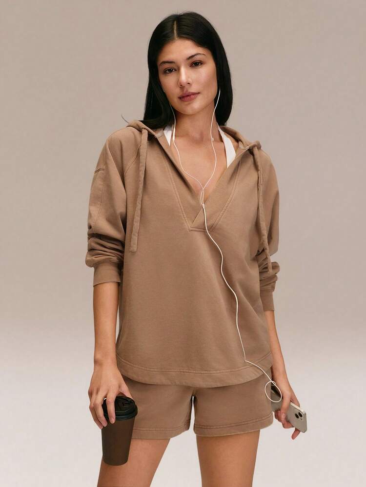 Everyday Terry Cozy Motivation Soft Breathable Sweat-Wicking Vintage Wash Oversized Deep V-Neck Tunic Hoodie Sweatshirt Daily Casual Wear