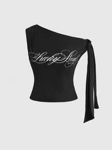 ROMWE Y2K 字母印花休闲街头风不对称肩部女式T恤 - 黑色 - 查看 1