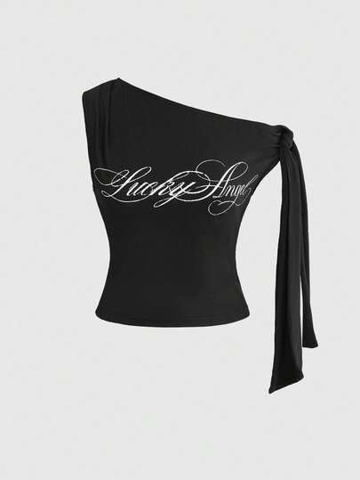 ROMWE Y2K 字母印花休闲街头风不对称肩部女式T恤