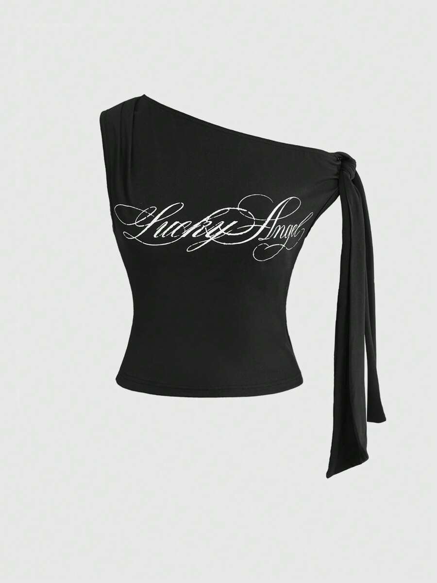 ROMWE Y2K 字母印花休闲街头风不对称肩部女式T恤 - 黑色 - 查看 1