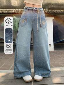 DAZY Celana Jeans Kasual Longgar Wanita dengan Bordir Huruf, Gaya Korea - Biru - View 1