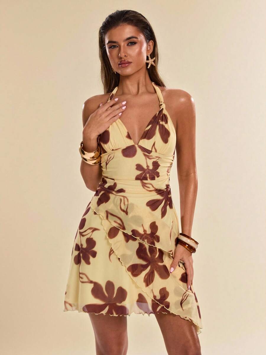 SHEIN BAE Casual Vacation Halter Backless Asymmetrical Hem Dress, Suitable For Spring/Summer Vacation, Sisters' Vacation, Beach Vacation, Beach Travel, Music Festival, Y2K, Sexy Playful Dress, Yellow Floral Dress Sexy Sundress Sexy Sun Dress Flower Dress Woman Hawaii Outfits Women Dress - Yellow - View 1