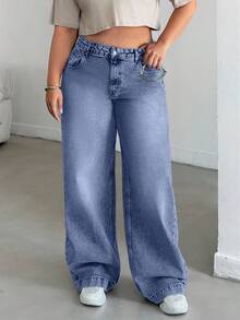 EURMUSE WOMEN HIGH WAISTWIDELEG CUTLINE PLUS SIZE JEAN - Baby Blue - View 4