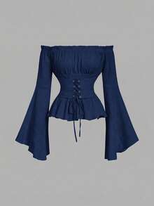 SHEIN MOD Blusa de un hombro con volantes, con cordones en el frente, busto fruncido y bajo con volantes, de color blanco - Azul Marino - Ver 8