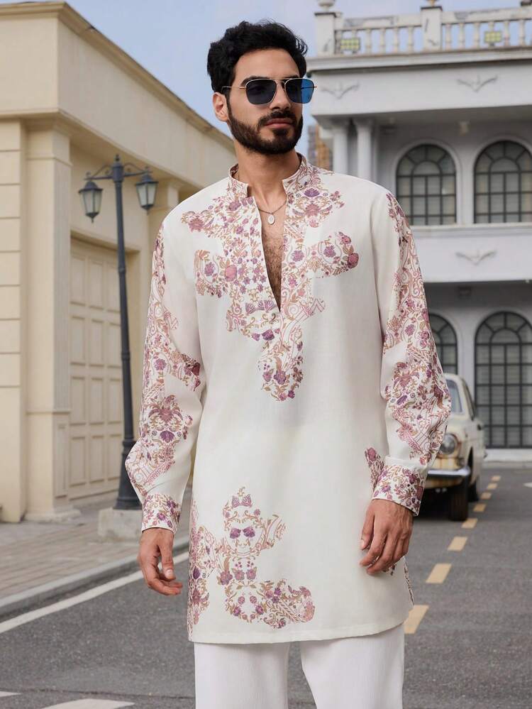 Mid-Length Printed Design Long Sleeve Men's Shirt Summer