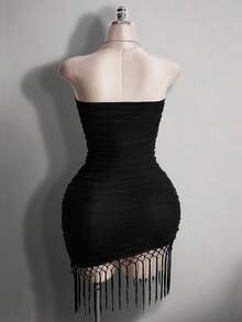 SHEIN ICON Plus Size Women's Y2K Western Music Festival Dress, Asymmetrical Hem Fringed Bandeau Dress Body Fitting Dress Bodycon Dresses For Ladies - Black - View 2