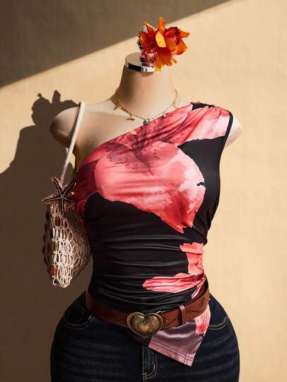SHEIN ICON Plus Size Asymmetric Neck Lily Floral Print Drawstring Ruched Asymmetrical Hem Blouse