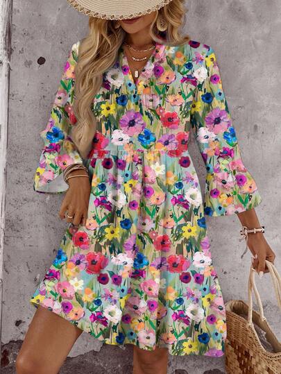 EMERY ROSE Floral Oil Painting Print Plus Size Women Flare Sleeve Dress