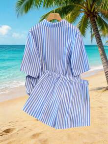 GlowEve CURVE Plus Size Summer Casual Striped Button-Front Short Sleeve Shirt And Shorts 2 Pieces Set - Blue - View 2