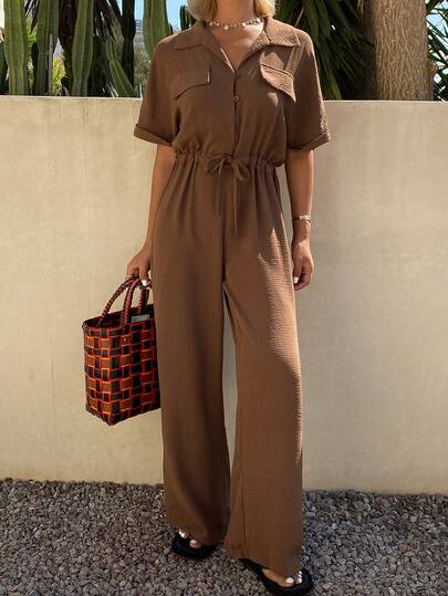 Livesso Women's Commuting Office Jumpsuit With Collar, Waist Tie, Solid Color, Spring & Summer