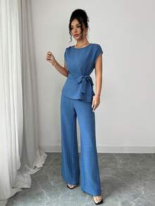 Elenzga Women's Elegant Commuter Casual Blue Pleated Adjustable Waist Bow Tie Blouse + Women's Elegant Commuter Casual High Waist Pocket Design Loose Wide Leg Pants - Blue - View 5