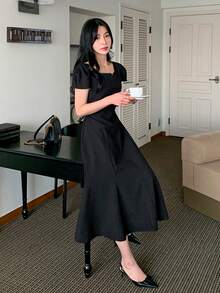 DAZY Women's Fitted Midi Dress With Collar - Black - View 4