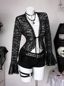 Sunspun 大码女士性感蕾丝边V领系带喇叭袖衬衫，春夏款 - 黑色 - 查看 8