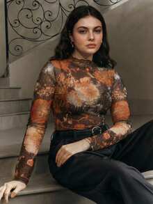 Anewsta Plus Size Women's Brown Polka,Autumn,Classy,Night Out Club Elegant Stand Collar Long Sleeve Top,Semi-Sheer Floral Print Lightweight Fitted Top - Orange - View 1