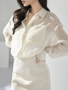 女士纯色网纱拼接上衣和半裙优雅两件套薄纱连衣裙 - 杏色 - 查看 6
