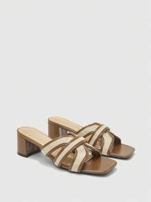 CUCCOO BIZCHIC Giày sandal mũi vuông, sọc chéo, đế dày, đa năng, kiểu dáng đơn giản và thời trang, phù hợp cho cả mặc hàng ngày và các dịp thường nhật. - màu nâu - Xem 2