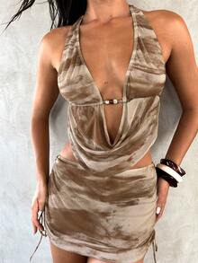 Aloruh 女士夏季两件套，优雅性感复古浪漫随机混色串珠蕾丝披肩，女士沙滩罩衫泳衣裙 - 彩色 - 查看 8