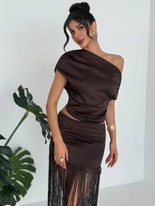 Firerie Women's Elegant Minimalist Dignified Fashion Refined Modern Commute Casual New Style Fashionable Vacation Ruffle Shoulder Short T-Shirt Top - Brown - View 5